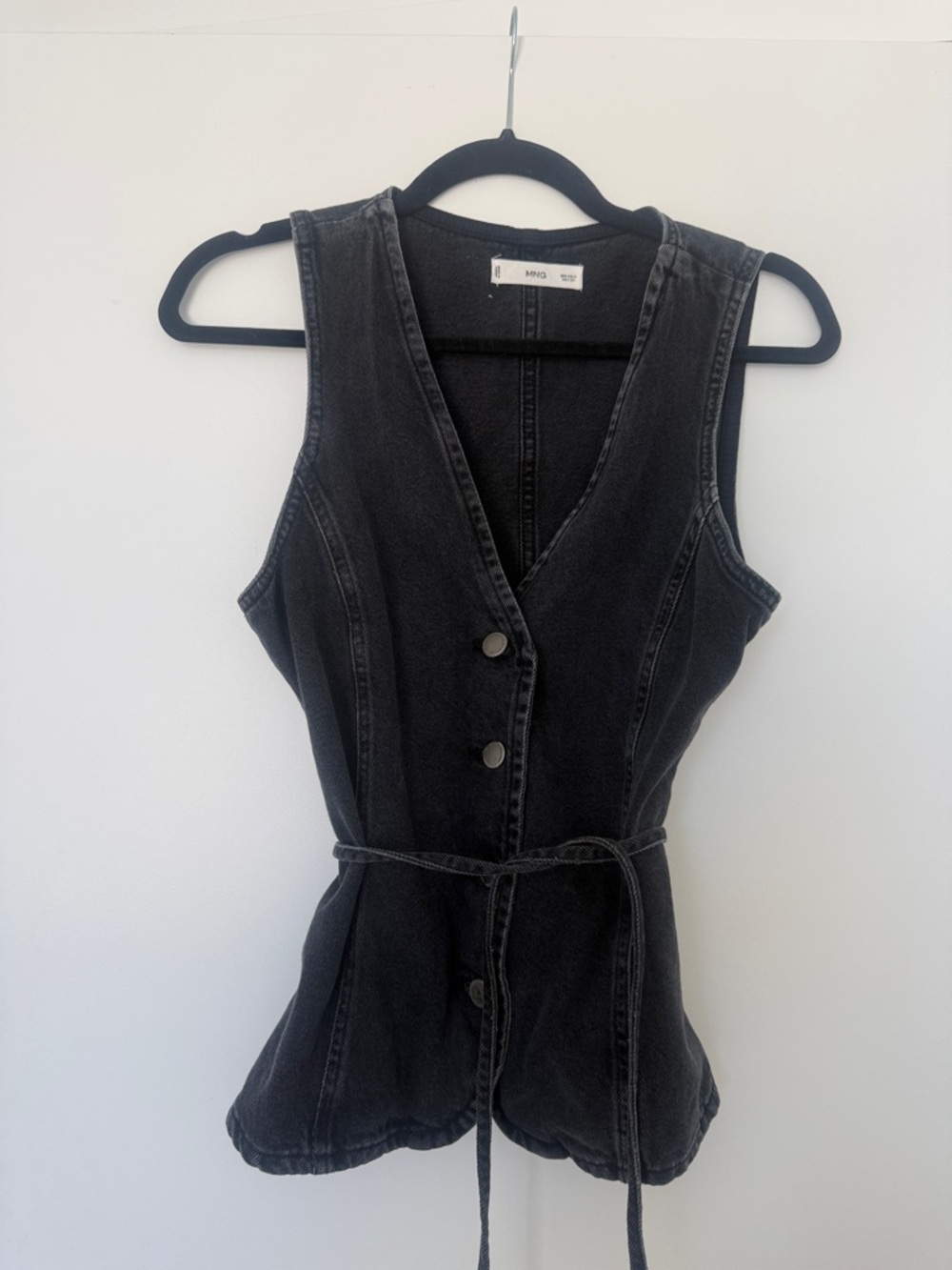 Mango Black Sleeveless Denim Vest with Waist Tie